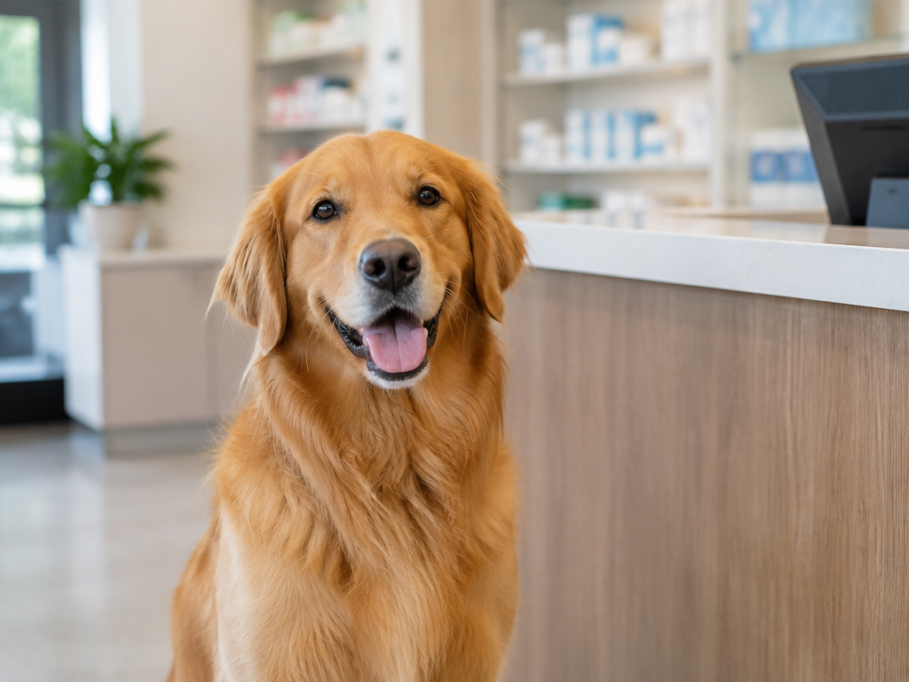 Cachorro sentado no balcão de atendimento da farmácia