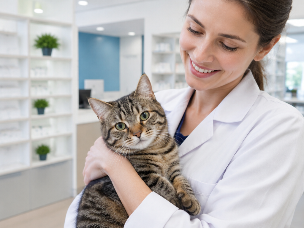 Gato carregado com carinho por uma profissional da farmácia