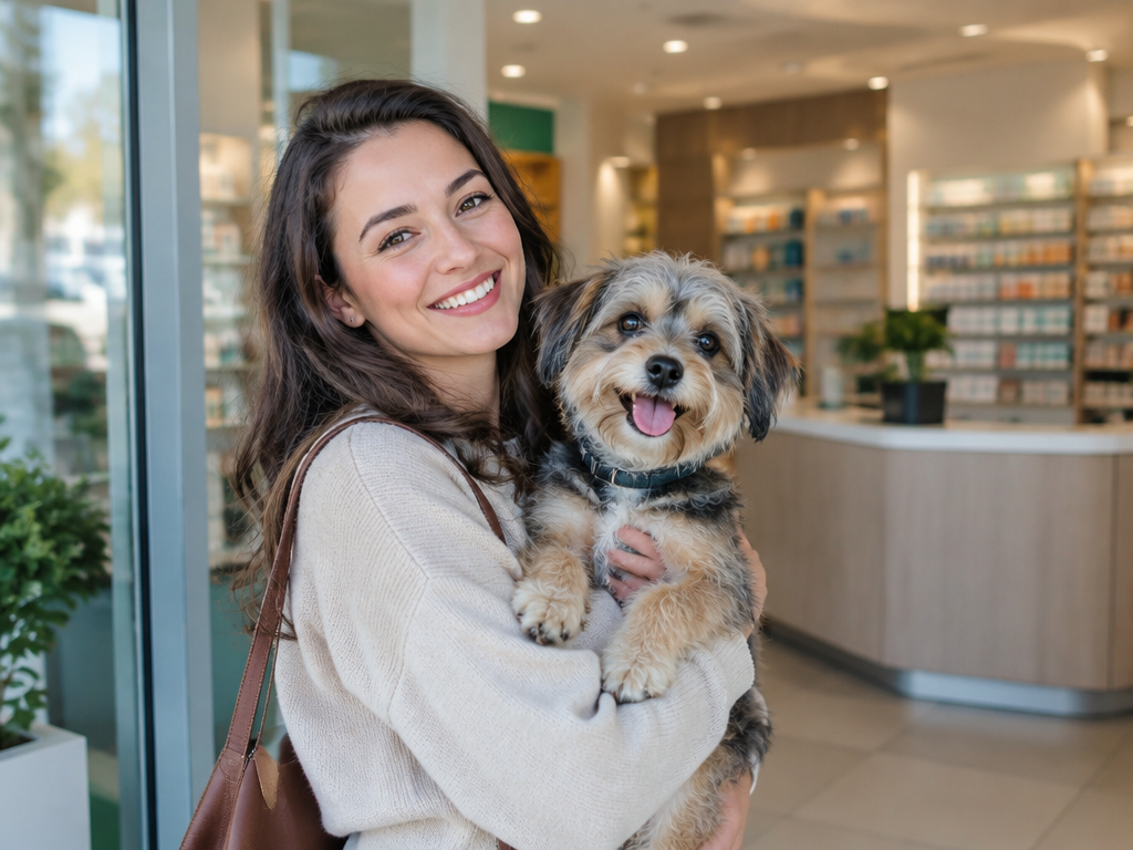 Tutora sorrindo com o pet no colo na entrada da farmácia